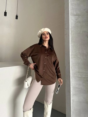 Dima Kadife Kumaş Kahverengi Kadın Gömlek