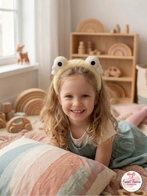 Sweet Twins Accessories Kalpli Kurbağa Gözlü Çocuk Taç Hediye Pembe Peluş Kız Çocuk Tacı