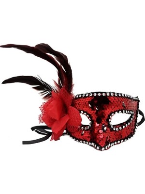 Uravas Store Kırmızı Yandan Tüylü Güllü Taşlı Pullu Maske