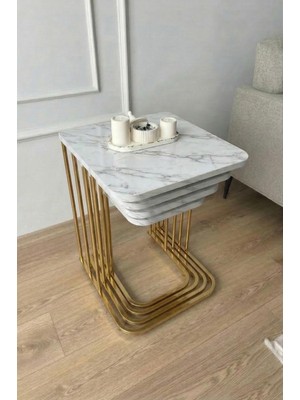 Eryalux Home 4'lü Tekerli Gold-Beyaz Mermer Zigon Sehpa