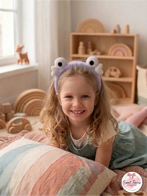 Sweet Twins Accessories Kalpli Kurbağa Gözlü Çocuk Taç Hediye Pembe Peluş Kız Çocuk Tacı