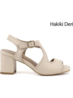 Gönderi(r) Kadın Bej  Kalın Topuklu Arkası Açık Hakiki Deri Sandalet