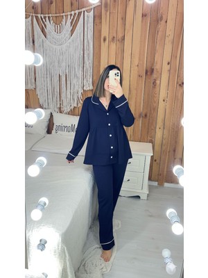 By Gamze Arman Lacivert Renk Pamuk Kumaş Pileli Hamile Lohusa Pijama Takımı