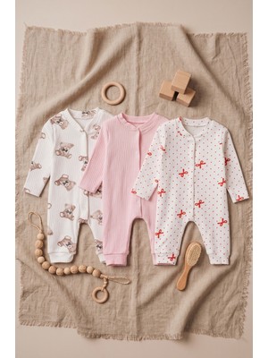 Noone 3'lü Kız Bebek Fitilli Tulum Seti Ayıcıklı Fiyonklu Çıtçıtlı Kaşkorse Pijama (79 Karakter)