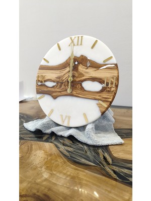 Simeranya Dekor Zeytin Ahşap & Beyaz Epoksi Duvar Saati – 30 cm