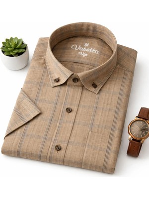 Varetta Erkek Kahverengi Gömlek Kısa Kollu Gofre Kumaş Kareli Cepli
