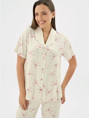 Sevim 17634 Bej Pembe Fiyonklu Boydan Düğmeli Gömlek Pijama Takım
