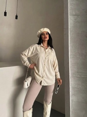 Dima Kadife Kumaş Bej Kadın Gömlek