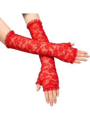 Uravas Store Uzun Zarif Dantel Eldiven Parmaksız Kırmızı 35 cm