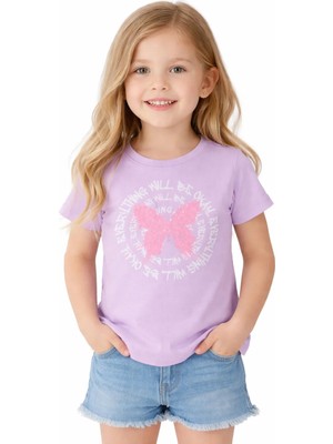 İrem Çocuk Giyim Kız Çocuk Yazı Desenli Kelebeği Pul İşlemeli Lila Renk Tişört