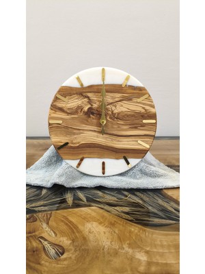 Simeranya Dekor Zeytin Ahşap & Beyaz Epoksi Ahşap Epoksi Duvar Saati – 25 cm