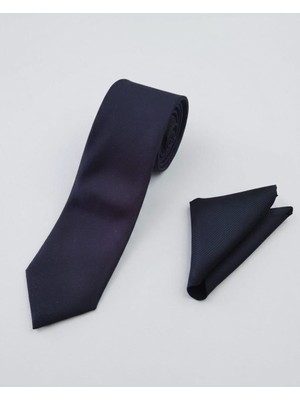 Sdnyazo Louis Cavalle Koyu Lacivert Armürlü Erkek Kravat ve Mendil Seti