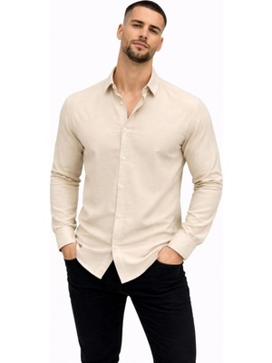 Pileli Store Erkek Keten Kumaş Oversize Uzun Kollu Rahat Kalıp Gömlek - Bej