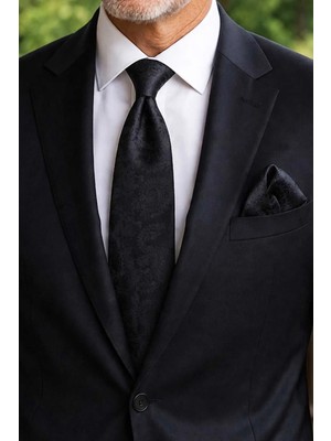 Kravatkolik Siyah Şal Desen Mendilli Klasik Kravat KK13117