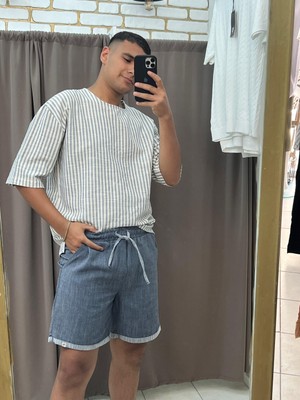 Tuba Toptaş Çizgili Keten Tshirt Gömlek