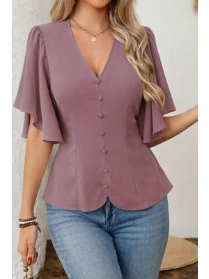 Lunelis Kadın Kısa Kollu Önden Düğmeli Ithal Krep Bluz