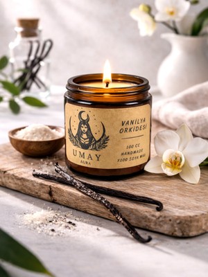 Mum-Vanilya Kokulu Aromaterapi  El Yapımı Mum %100 Soya Wax Amber Cam Kavanoz 100 cc - Umay Aura