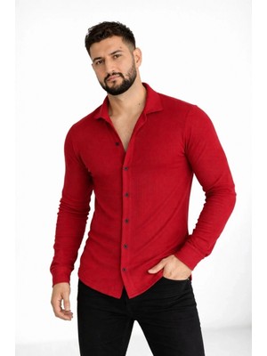 Pileli Store Erkek Waffle Kumaş Uzun Kollu Düğmeli Açık Yaka Regular Fit Gömlek - Kırmızı