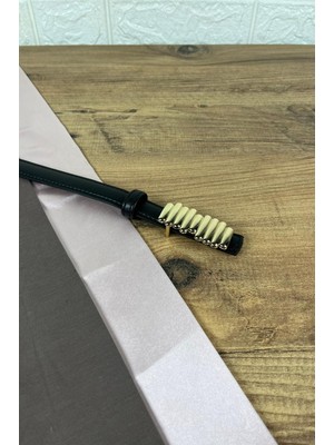 Paşala Leather Hakiki Deri Kadın Kemer Siyah Gold Çubuk Detay Tokalı 2 cm Genişlik Dikişli Bombeli Elbise Uyumlu