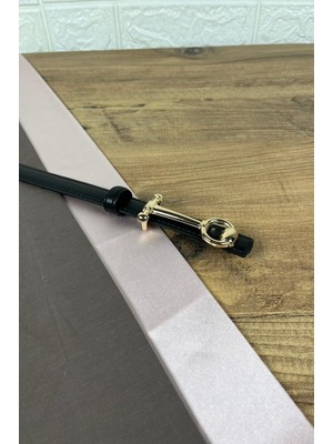 Paşala Leather Hakiki Deri Kadın Kemer Siyah Gold Halka Detay Tokalı 2 cm Genişlik Dikişli Bombeli Elbise Uyumlu