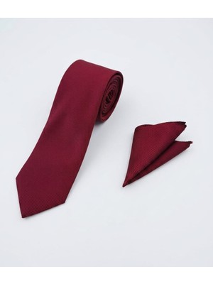 Sdnyazo Louis Cavalle Kırmızı Armürlü Erkek Kravat ve Mendil Seti