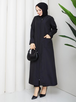 Günay Karaca  Ahval Tesettür Yazlık Ince Astarsız  Büyük Bedentrençkot Fermuarlı Araboy 1003 Siyah 130CM