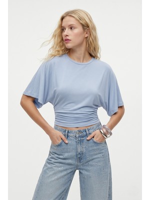 Ritnice Kadın Zoe Bele Oturan Bisiklet Yaka Kısa Kollu Mavi Örme Bluz