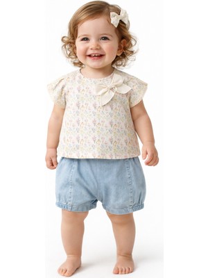 Tongs Baby Fleur Kız Bebek Çiçek Desenli Takım - %100 Pamuk T-Shirt/denim Şort 6-36 Ay