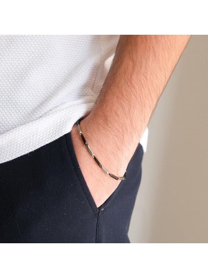 Akın Trend Gümüş-Siyah Zincir Model Erkek Çelik Bileklik