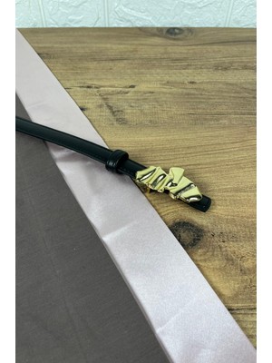 Paşala Leather Hakiki Deri Kadın Kemer Siyah Gold Dalga Form Tokalı 2 cm Genişlik Dikişli Bombeli Elbise Uyumlu