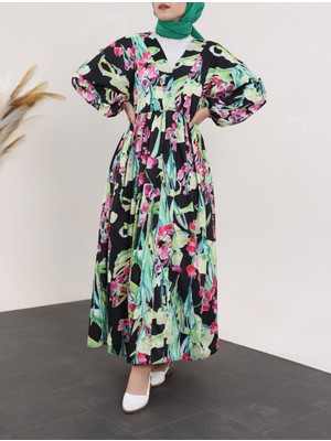 Moda Morfo Beli Lastikli Yakası Açık Uzun Elbise -Yeşil