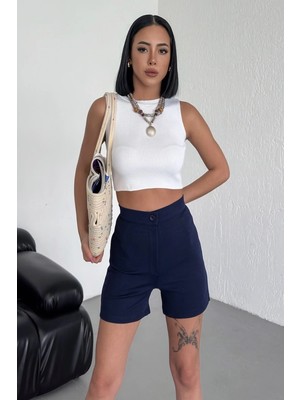 Uravas Store Tarz Rahatlığı Bir Arada Sunan Yüksek Bel Esnek Likralı Krep Şort Lacivert