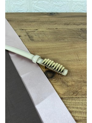 Paşala Leather Hakiki Deri Kadın Kemer Bej Gold Çubuk Detay Tokalı 2 cm Genişlik Dikişli Bombeli Elbise Uyumlu