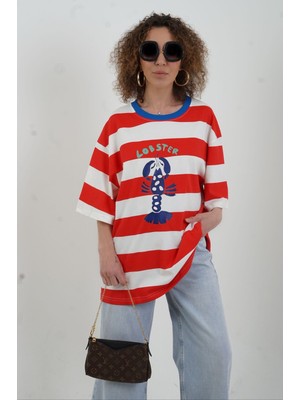 Zelish My Sister Kırmızı Çizgili Lobster Baskılı Oversize Tshirt