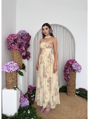 Yureli Şal Detaylı Straplez Çiçek Desenli Uzun Elbise