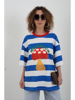Zelish My Sister Mavi Çizgili Mushroom Baskılı Oversize Tshirt