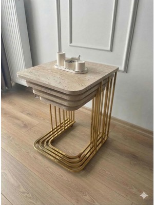 Eryalux Home 4'lü Tekerli Gold-Traverten Zigon Sehpa