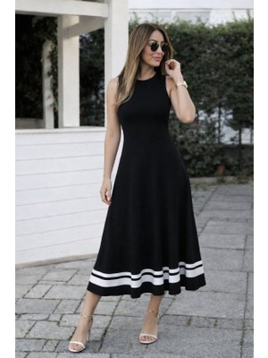 Lunelis Kadın Askılı Yuvarlak Yakalı Etek Ucu Şerit Detaylı Uzun Viskon Elbise