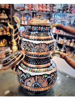 Handanca Erzincan Işlemeli Bakır Çaydanlık Seti 6 Kişilik El Yapımı Çok Renkli Çaydanlık Demlik