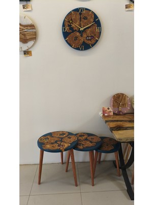 Simeranya Dekor Epoksi & Zeytin Ağacı El Yapımı Duvar Saati ve 3’lü Yuvarlak Sehpa Takımı – Özel Tasarım