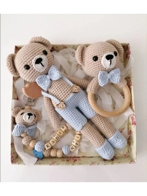 Hobilanka 1 - 2 Yaş Amigurumi Organik Örgü Oyuncak Papyonlu Ayıcık Set Tekstil Jel Dobby Mavi