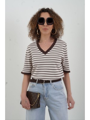 Zelish My Sister Kahve Bej V Yaka Ince Çizgili Kısa Kol Kazak