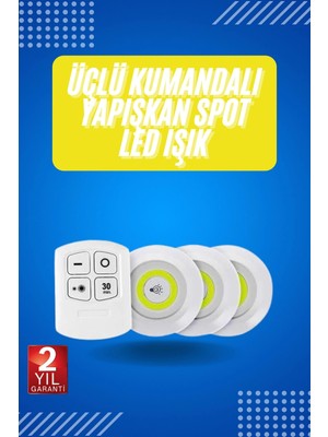 Uravas Store Yapışkanlı 3'lü Spot LED Işık Lamba Montajsız Pilli Uzaktan Kumandalı