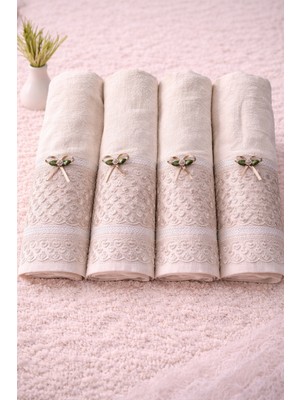 Hig Store 4'lü %100 Pamuklu Gelin Damat Bohçası Çeyizlik Hediyelik Fransız Güpürlü 50X90 El Yüz Havlusu Seti