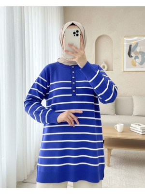Moda Morfo Yarım Düğmeli Yırtmaçlı Triko Tunik -Saks