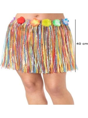 Yetişkin Çuk Uyumlu Rengarenk Püsküllü Hawaii Luau Hula Etek 40 cm