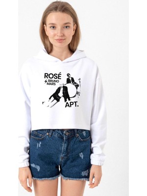 Tshirthane Beyaz BLACKPINK ROSE BRUNO MARS APT Optik Kadın Crop Kapşonlu