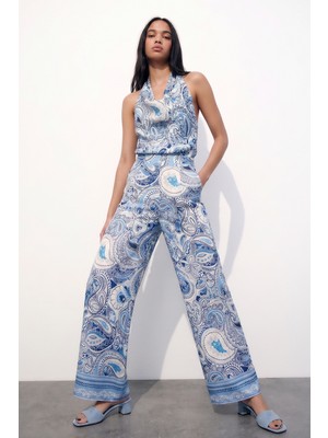 Quzu Şal Desenli Bol Paça Pantolon Mavi