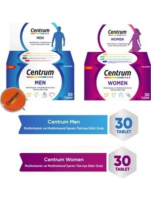 Centrum Women Multivitamin 30'lu Tablet + Centrum Men Multivitamin 30'lu Tablet + Vitamin Kutusu Hediye