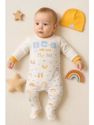 Araba Desenli Sarı 2'li Şapkalı Erkek Bebek Tulumu